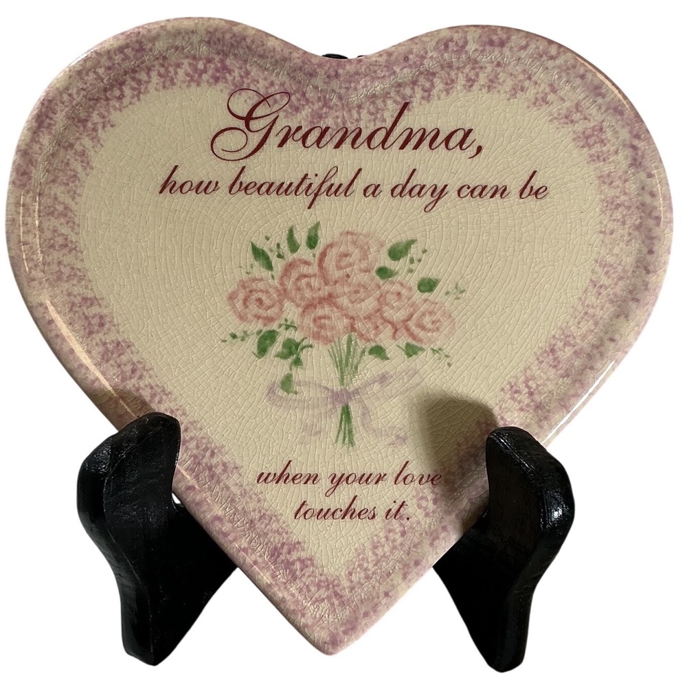 Russ‎ Berrie Grandma Heart Ceramic Trinket Dish Pink Roses Crackle Glaze 13406